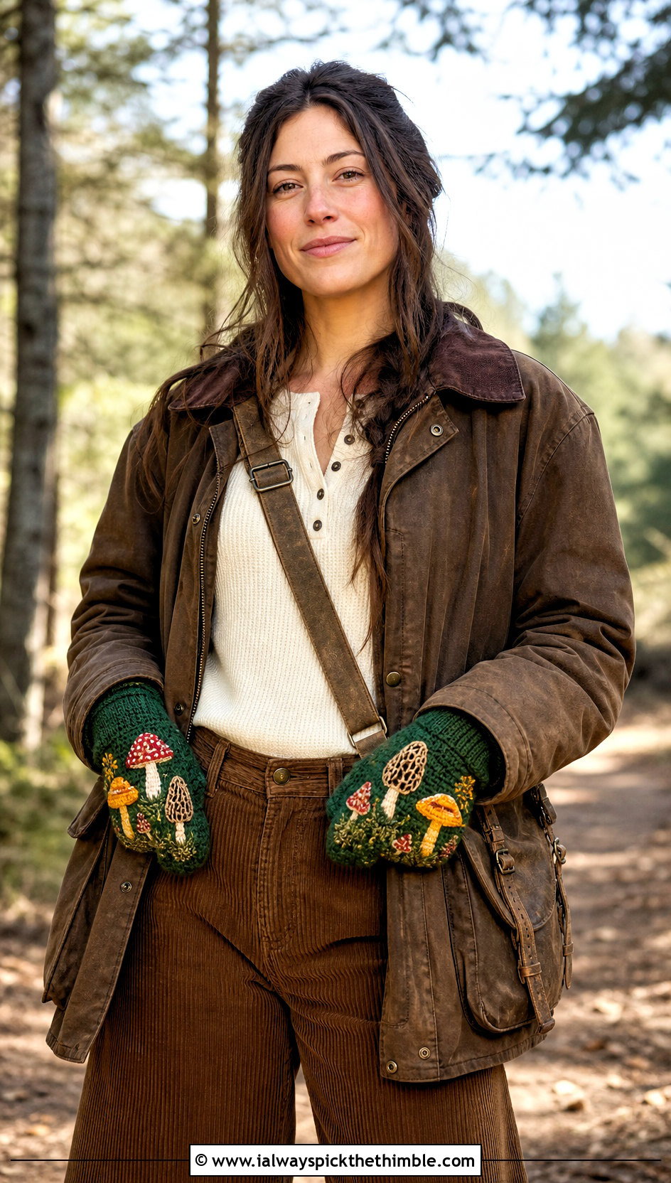 Forest Mushroom Crochet Gloves With Field Jacket And Corduroy Pants - 20 Crochet Mushroom Gloves outfit ideas
