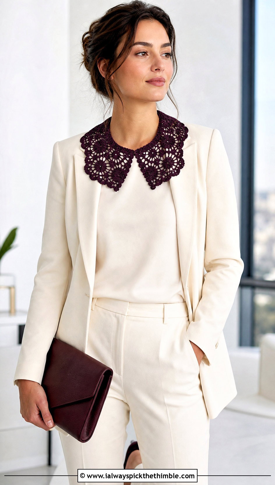 Forget Me Not Filet Collar With Monochrome Suit - 15 handmade floral crochet collar outfit ideas