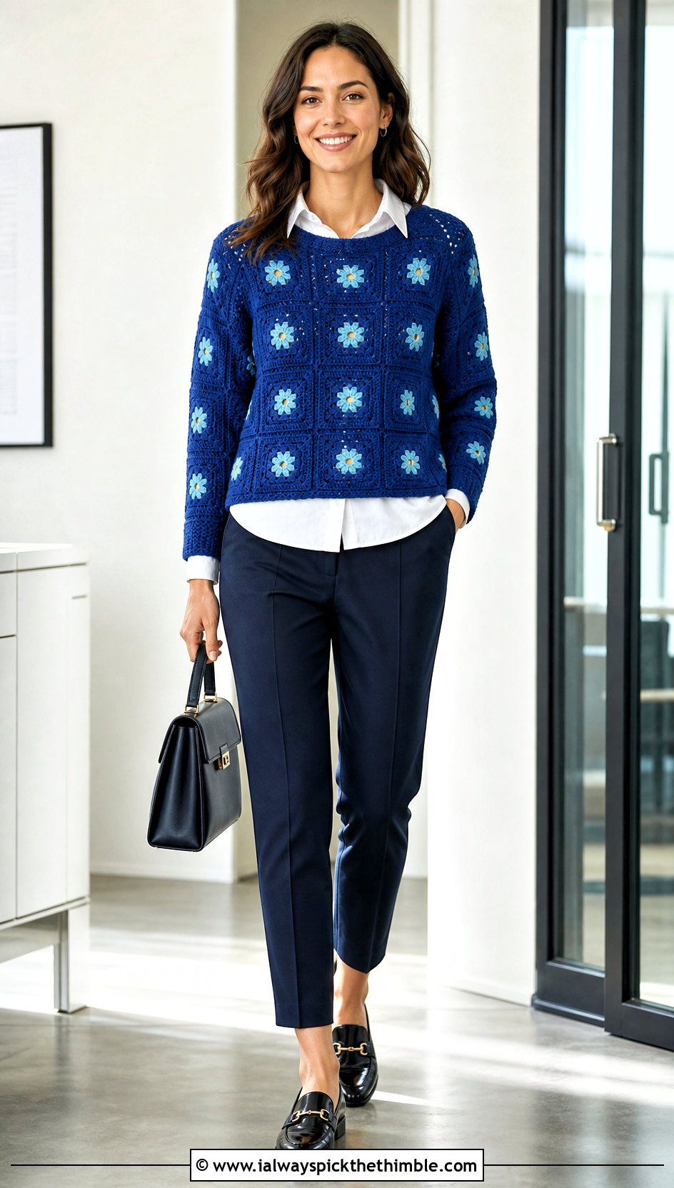 Forget Me Not Granny Square Sweater With Cigarette Pants - 20 flower granny square sweater outfit ideas