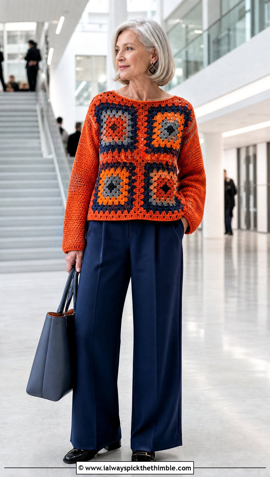 Four Square Crochet Pullover With Suit Trousers - 25 Crochet Square Sweater outfit ideas