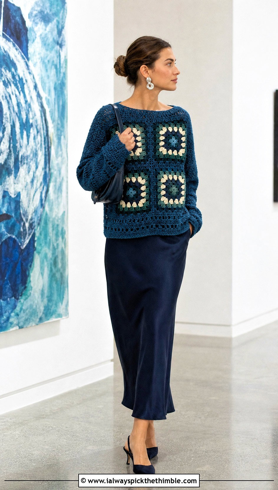 Four Square Giant Granny Square Sweater With Satin Slip Skirt - 20 giant granny square sweater outfit ideas