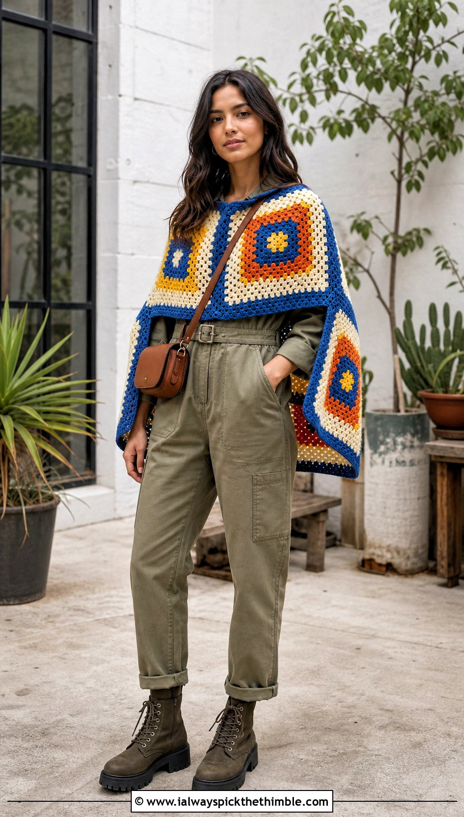 Four Square Granny Square Poncho With Utility Jumpsuit - 20 Granny Squares Poncho outfit ideas