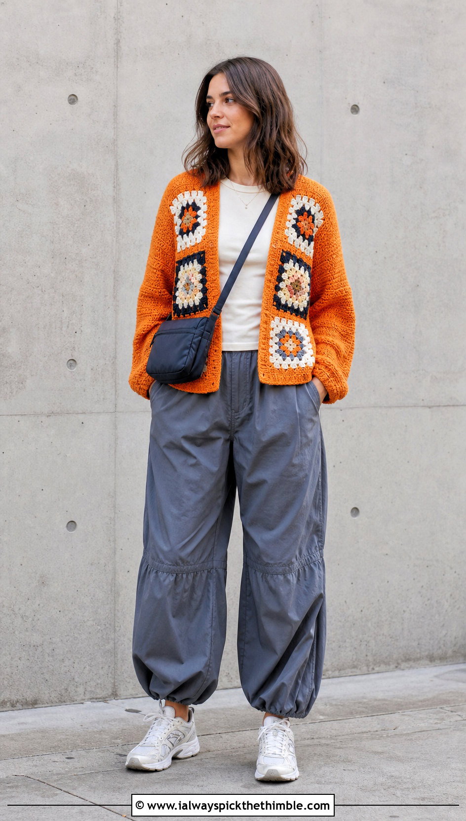 Four Square Granny Square Sweater With Parachute Pants - 20 easy granny square sweater outfit ideas