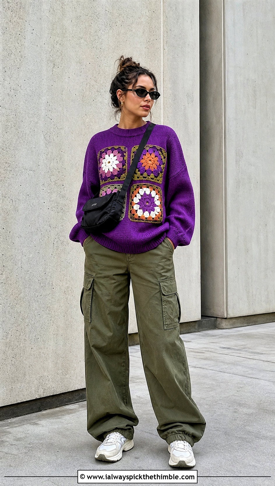 Four Square Pullover Sweater With Cargo Pants - 25 Granny Square Pullover Sweater outfit ideas