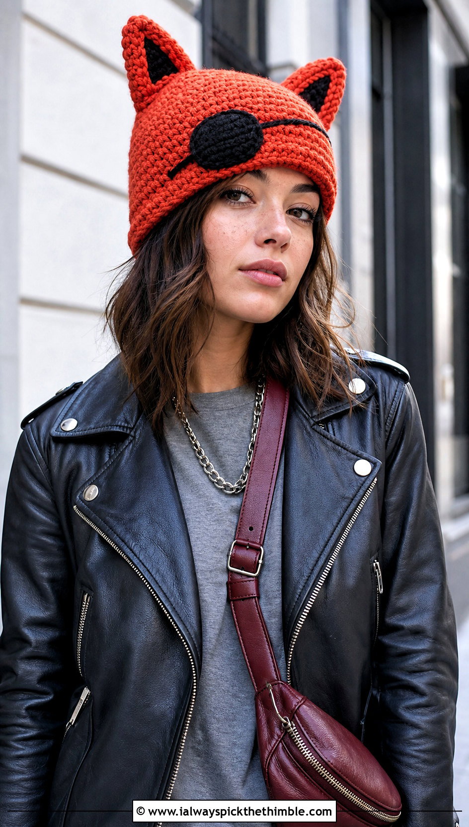 Foxy Pirate Beanie With Leather Jacket And Black Jeans - 20 fnaf crochet hat outfit ideas
