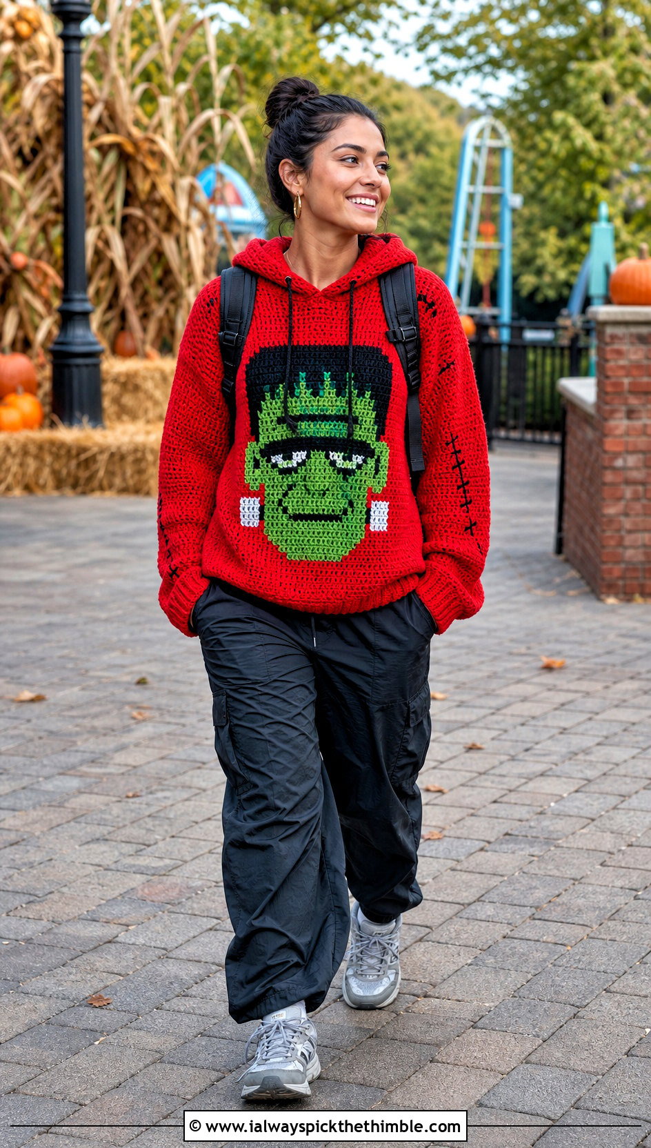 Frankenstein Hooded Halloween Crochet Jumper With Parachute Pants - 15 Halloween Crochet Jumper outfit ideas