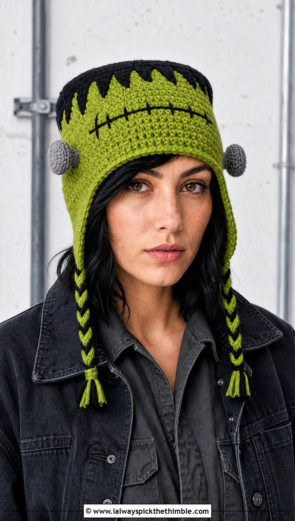 Frankenstein Trapper Crochet Beanie With Utility Jumpsuit - 20 Halloween Crochet Beanies outfit ideas