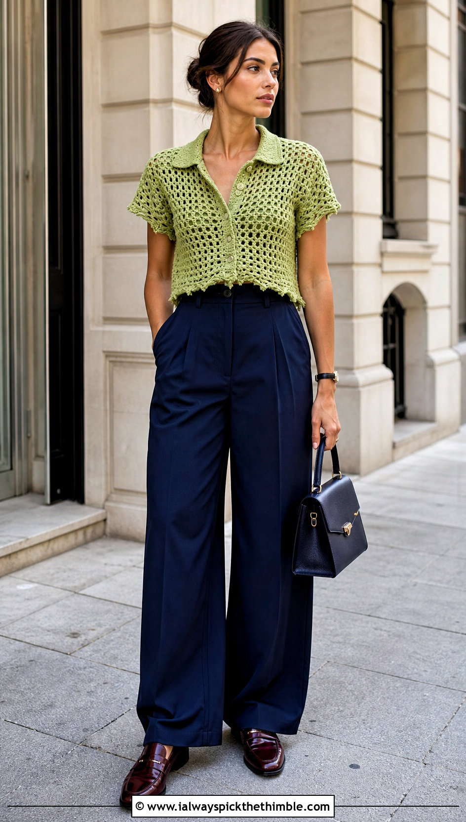 Frayed Crochet Polo Top With Pleated Trousers - 20 Ripped Crochet Top outfit ideas