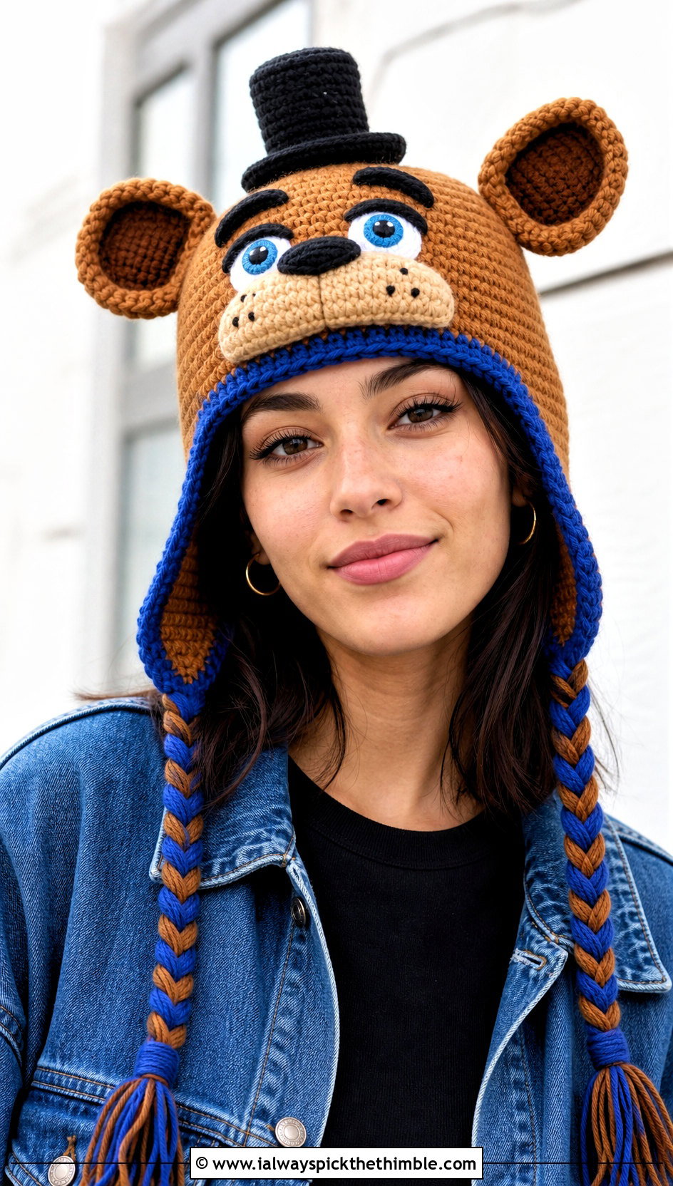 Freddy Fazbear Earflap Beanie With Denim Jacket And Jeans - 20 fnaf crochet hat outfit ideas