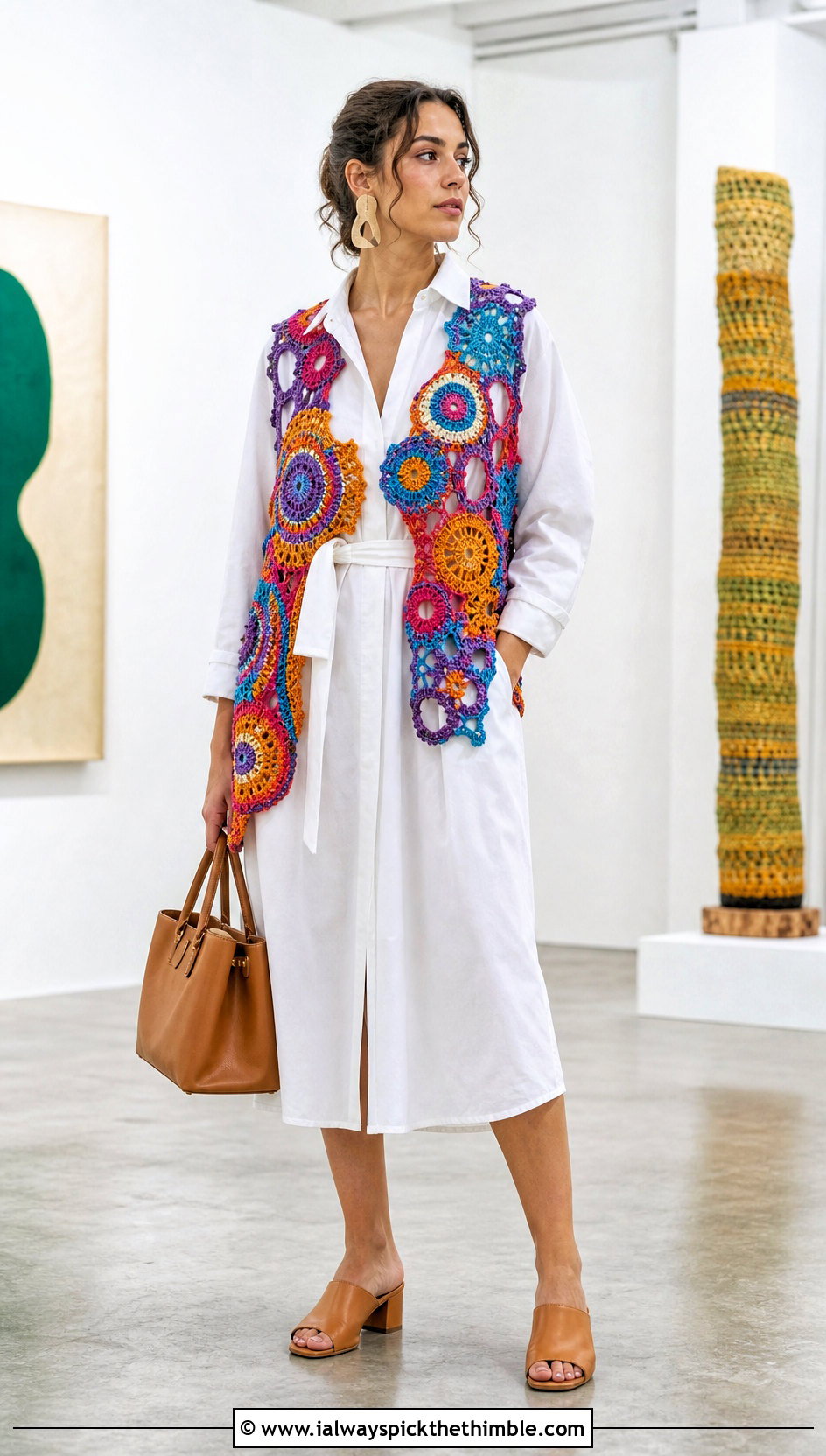 Freeform Crochet Circle Vest With White Shirt Dress - 25 crochet circle vest outfit ideas