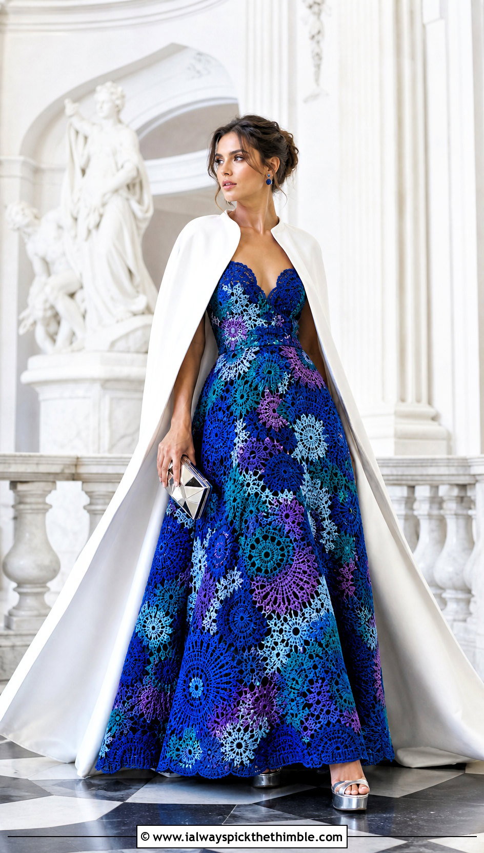 Freeform Crochet Lace Ball Gown With Satin Cape - 15 Vintage Crochet Lace Wedding Dress outfit ideas