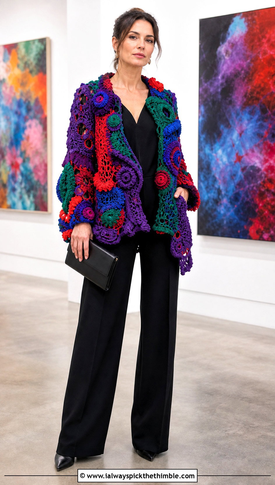 Freeform Crochet Statement Jacket With Black Jumpsuit - 20 crochet clothes jacket outfit ideas