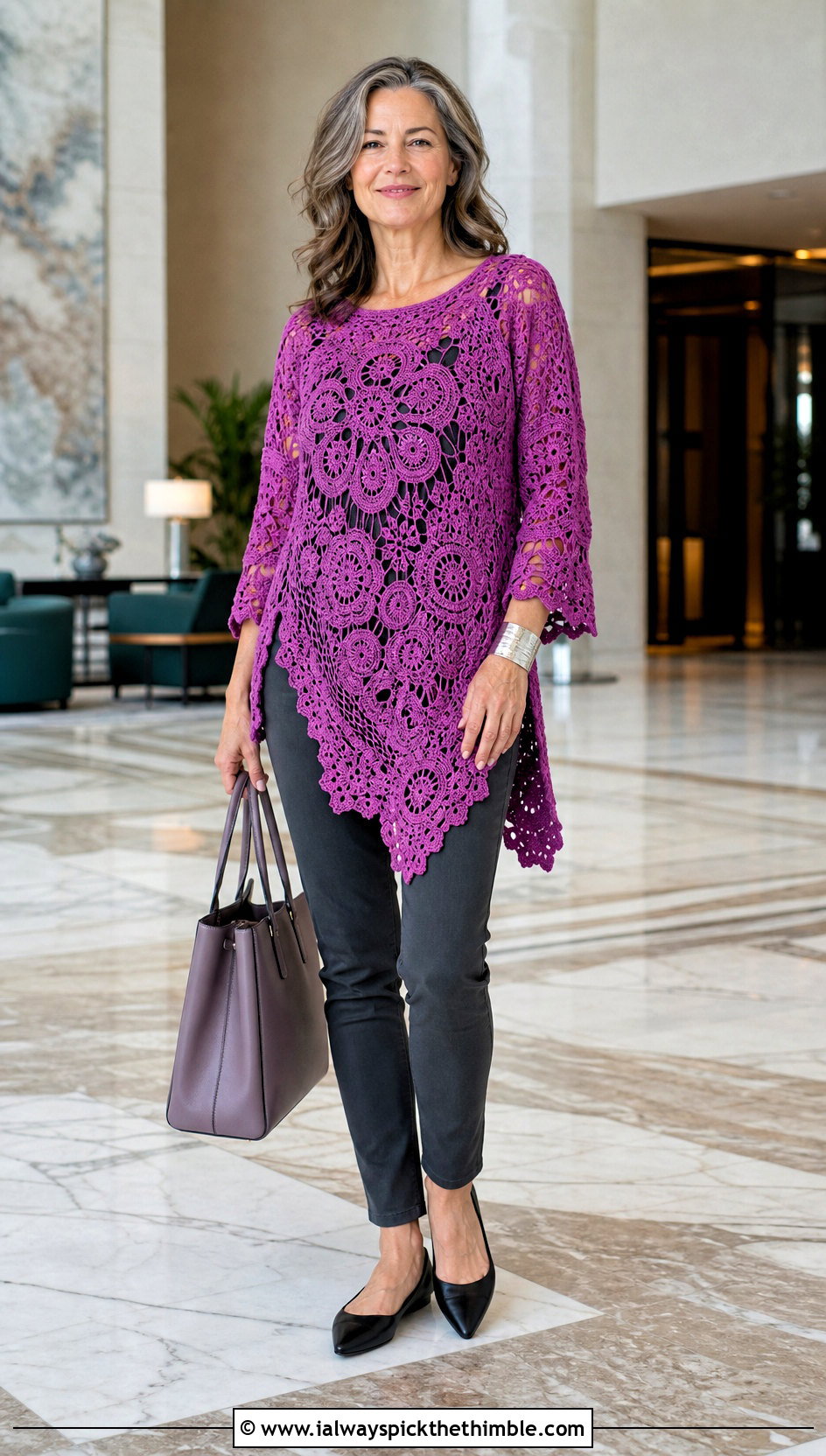 Freeform Crochet Tunic Sweater With Slim Ankle Pants - 20 freeform crochet sweater outfit ideas