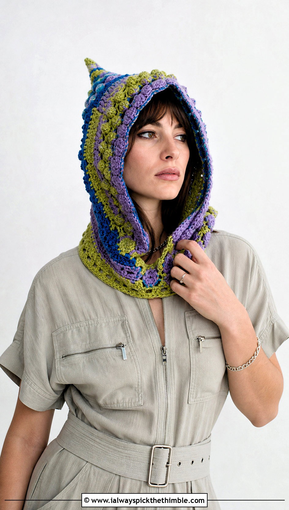 Freeform Pointed Crochet Hood With Utility Dress And Boots - 20 pointy crochet hat outfit ideas