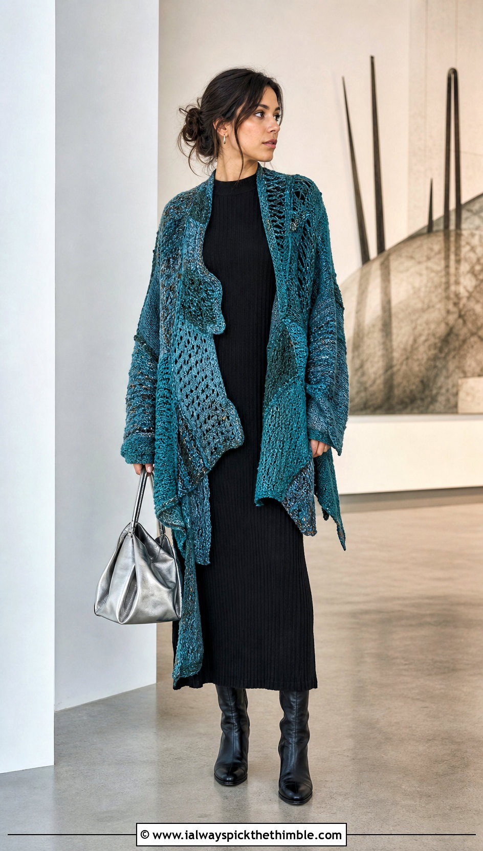 Freeform Scrap Cardigan With Black Column Dress - 15 Crochet Scrap Cardigan outfit ideas