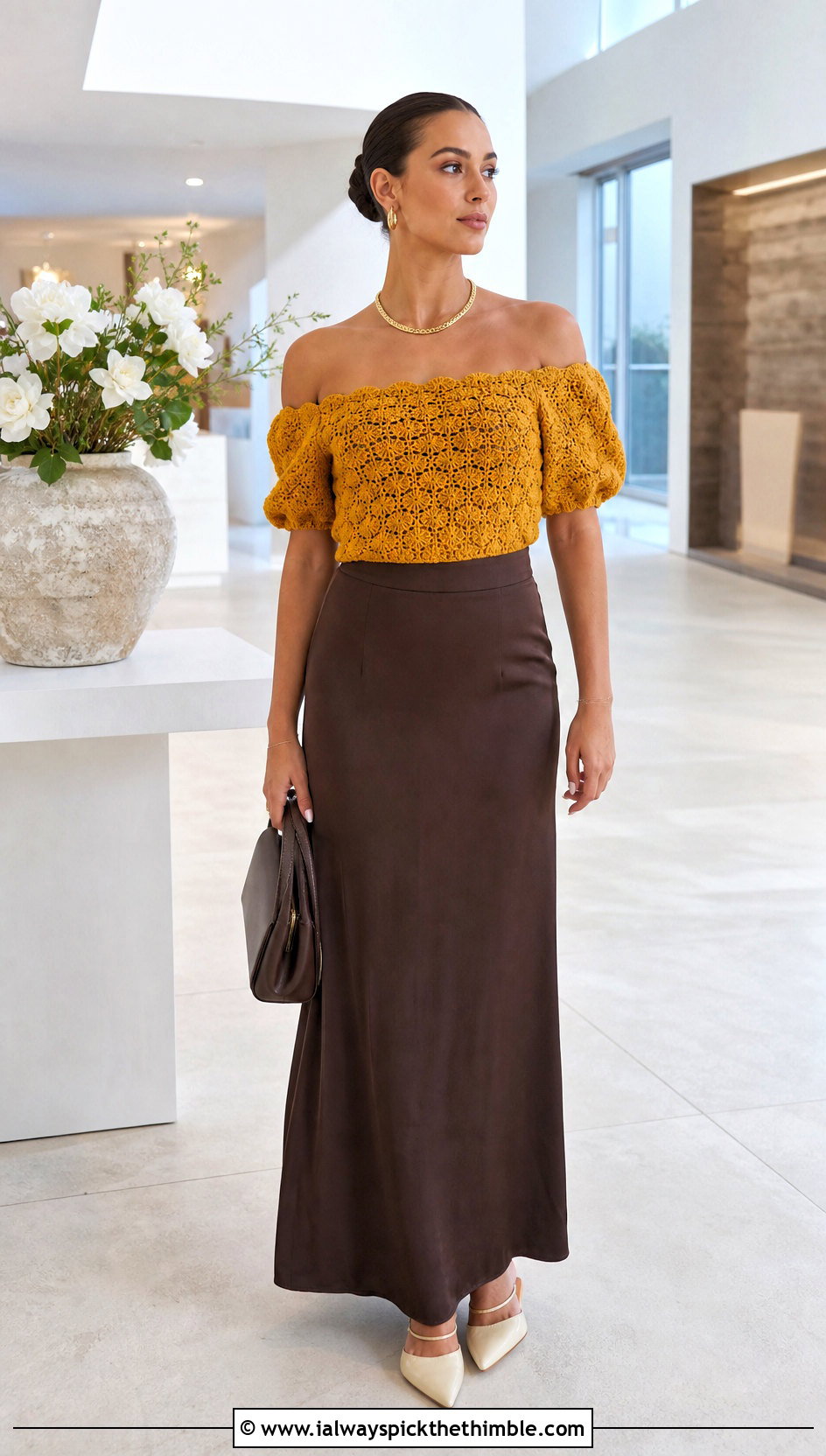 Freestyle Off Shoulder Crochet Top With Tailored Maxi Skirt - 20 freestyle crochet top outfit ideas