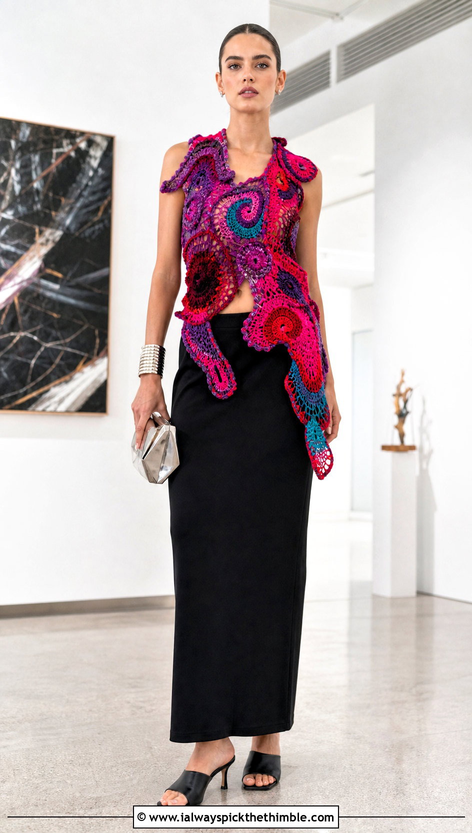 Freestyle Sculptural Crochet Top With Column Skirt - 20 freestyle crochet top outfit ideas