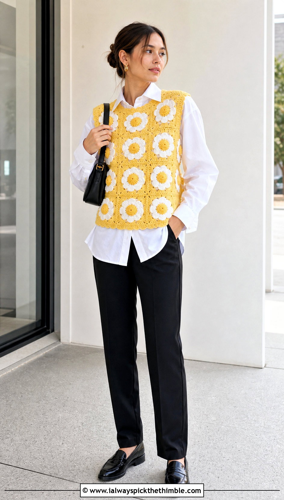 Fried Egg Crochet Vest With Tailored Pants - 20 Funny Crochet Clothes and outfit ideas
