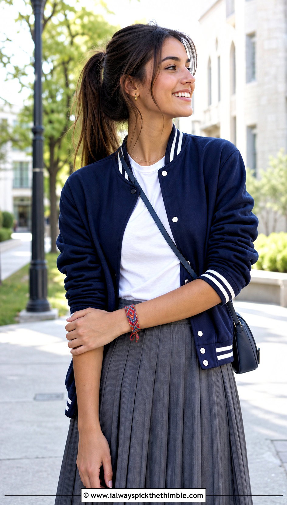 Friendship Crochet Wrap Bracelet With Varsity Jacket And Skirt - 25 crochet wrap bracelet outfit ideas