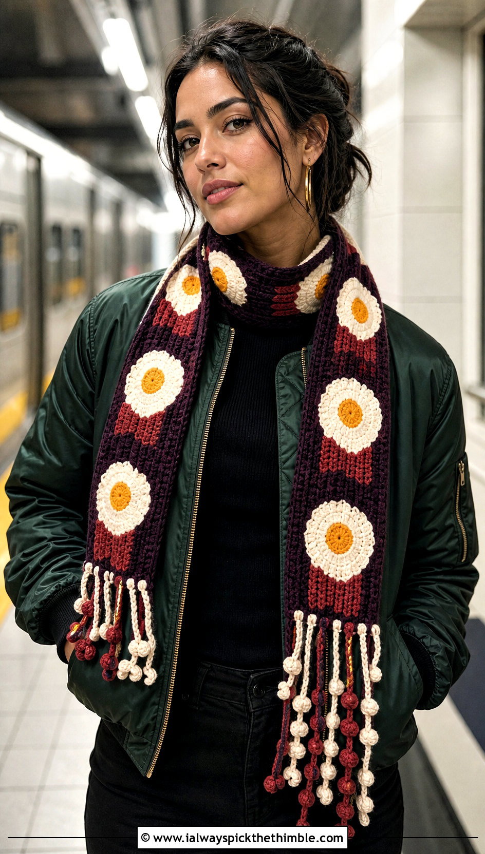 Fringe Bacon And Eggs Scarf With Bomber Jacket - 20 Crochet Bacon And Eggs Scarf outfit ideas