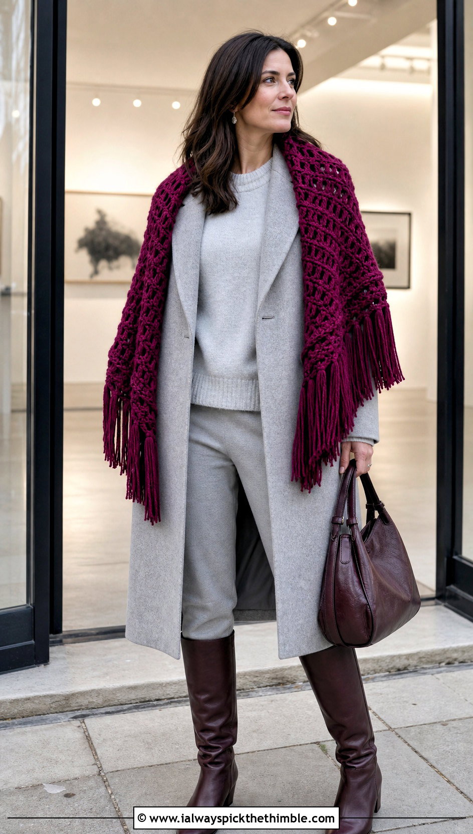Fringe Blanket Crochet Scarf With Sweater Set - 25 crochet winter scarf outfit ideas