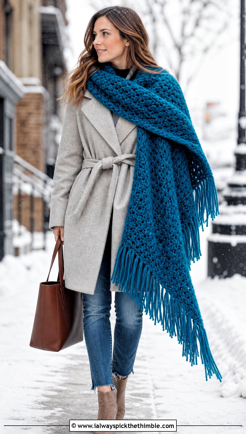 Fringe Blanket Crochet Textured Scarf With Belted Coat - 20 Crochet Textured Scarf outfit ideas