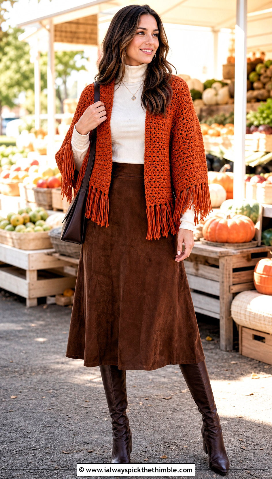 Fringe Chunky Crochet Shrug With Suede Skirt - 20 Chunky Crochet Shrug outfit ideas