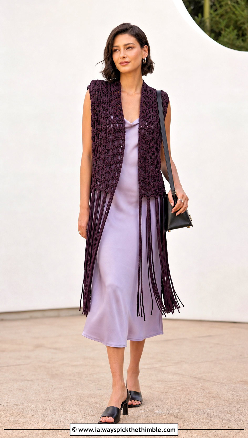 Fringe Chunky Crochet Vest Over A Slip Dress - 20 Chunky Crochet Vest outfit ideas