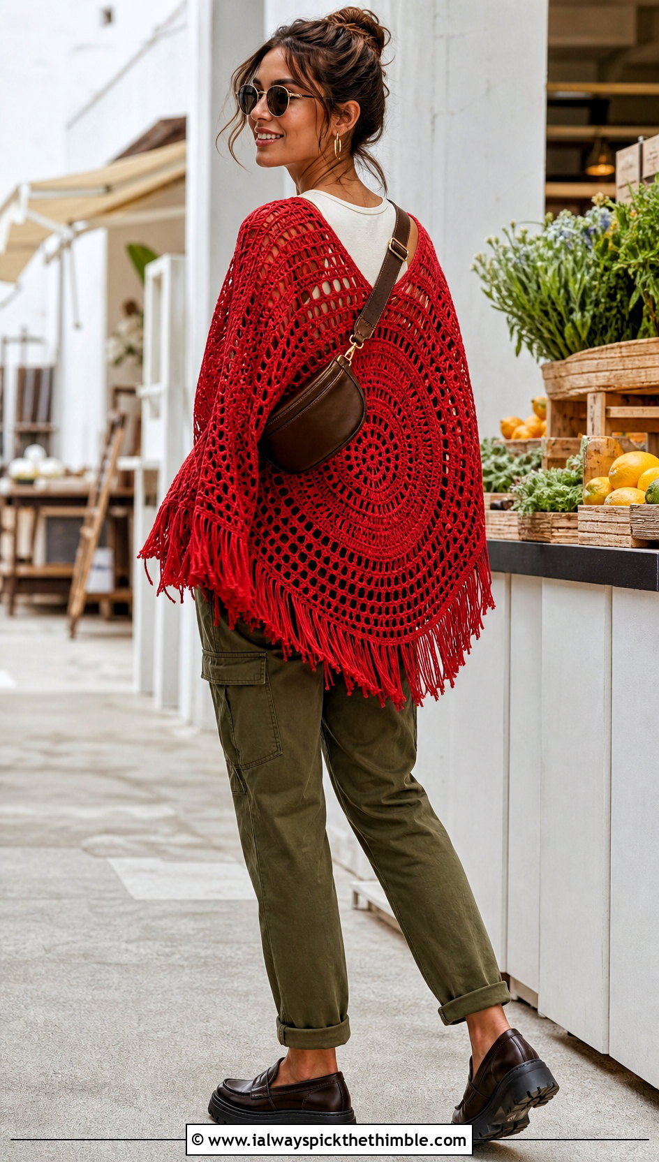 Fringe Circle Crochet Cardigan With Utility Pants - 20 circle crochet cardigan outfit ideas