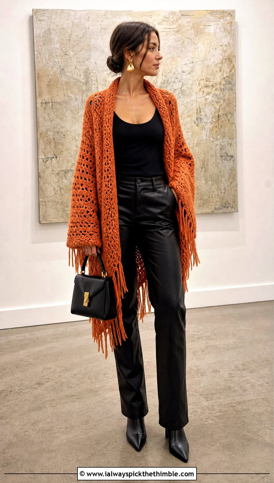 Fringe Cocoon Crochet Cardigan With Leather Pants - 20 Cocoon Crochet Cardigan outfit ideas