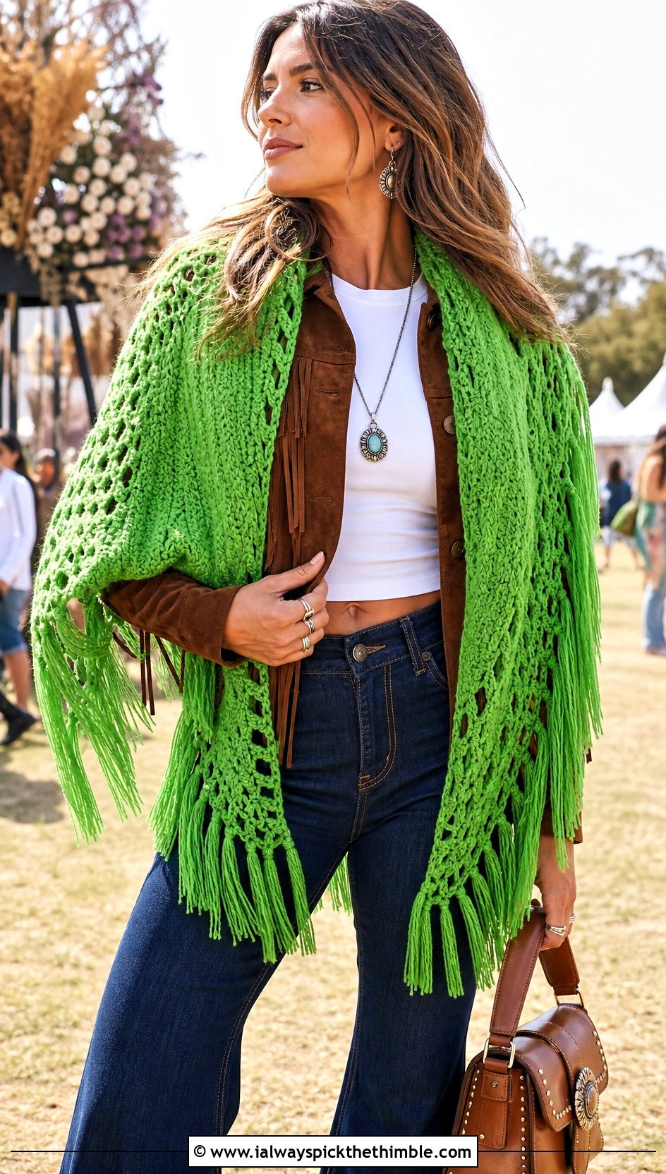 Fringe Crescent Crochet Shawl With Suede Jacket - 20 Crescent Crochet Shawl outfit ideas