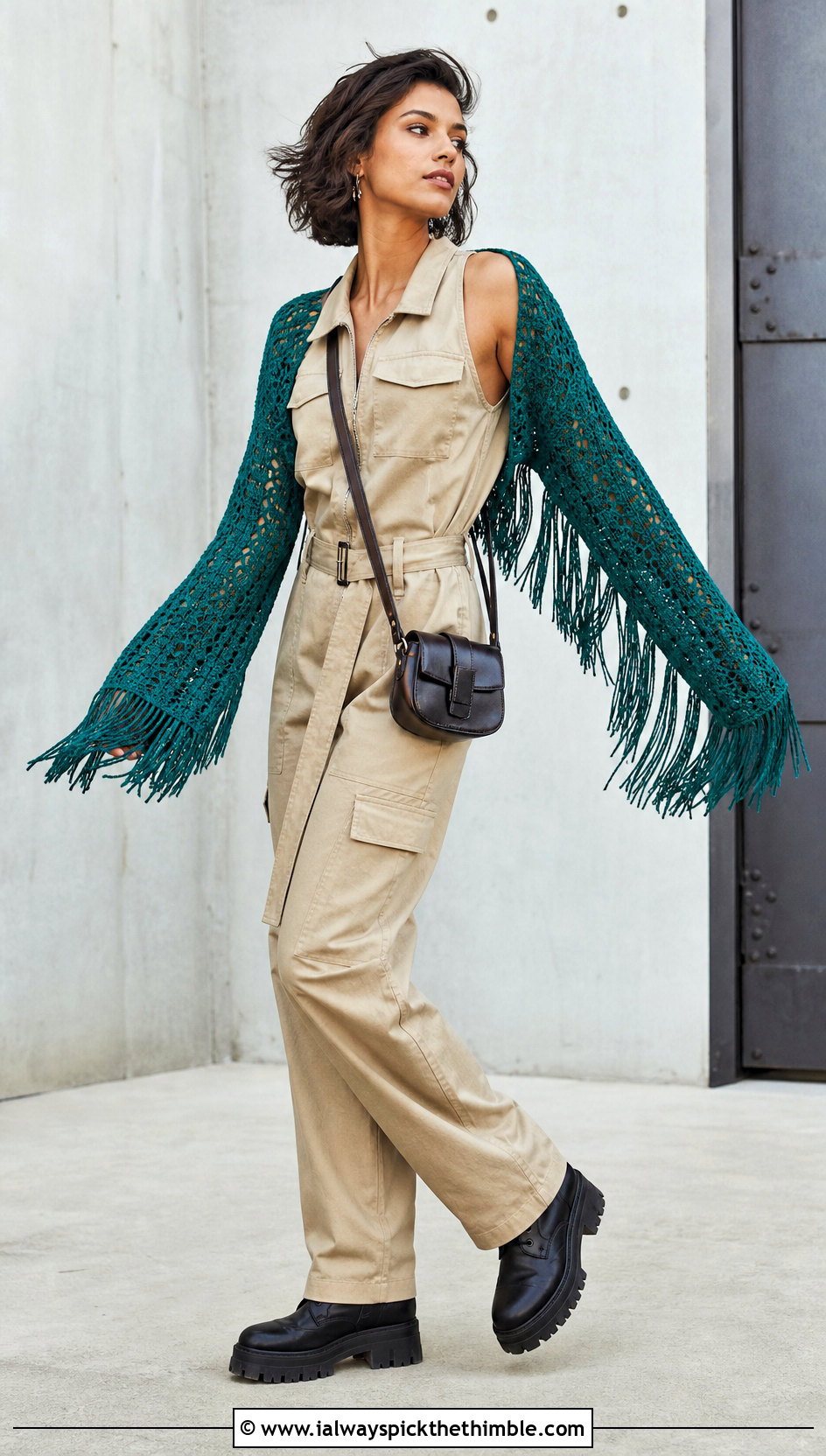 Fringe Crochet Arm Shrug With Utility Jumpsuit - 20 Crochet Arm Shrug outfit ideas