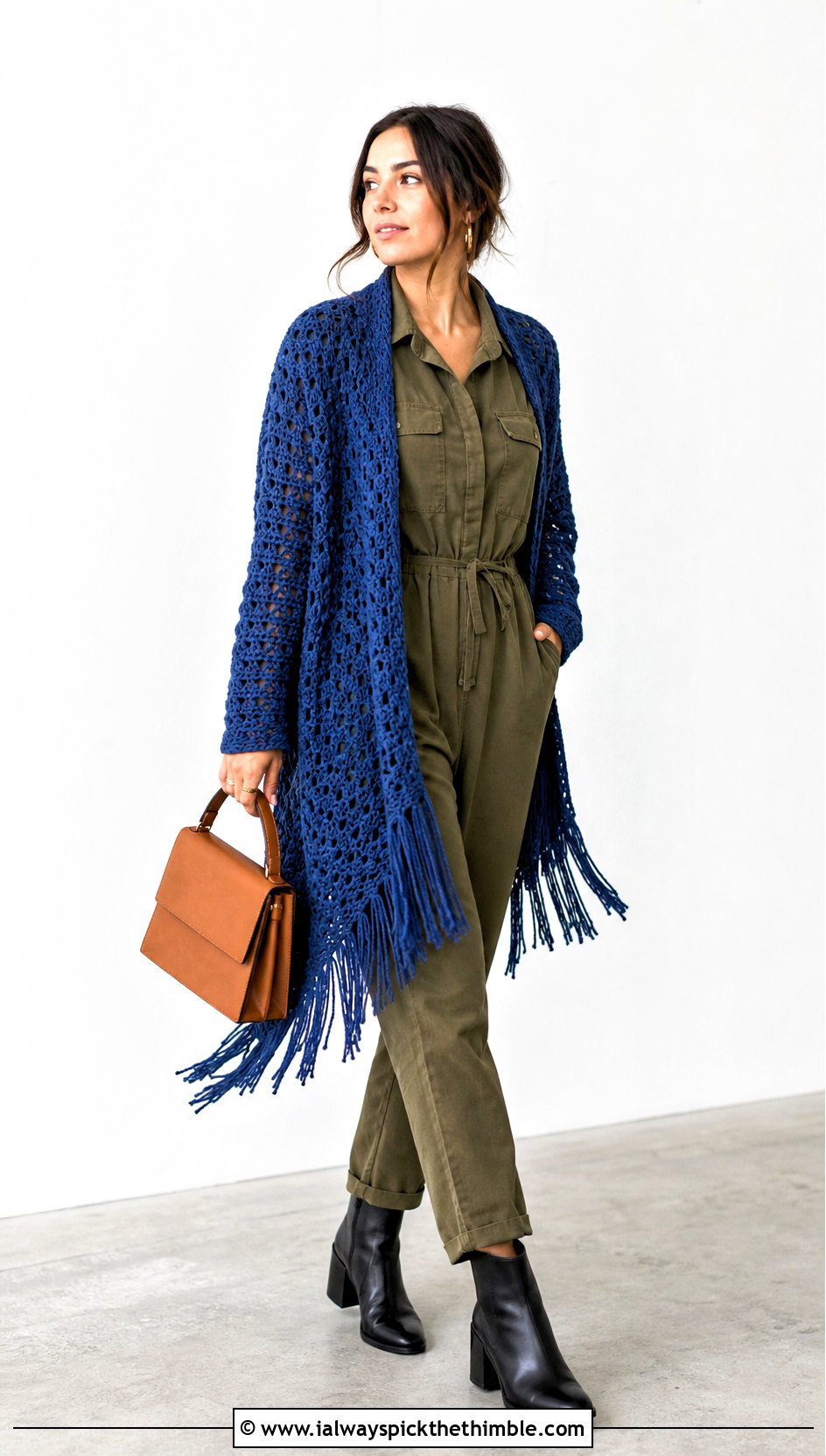Fringe Crochet Asymmetrical Cardigan With Utility Jumpsuit - 20 crochet asymmetrical cardigan outfit ideas
