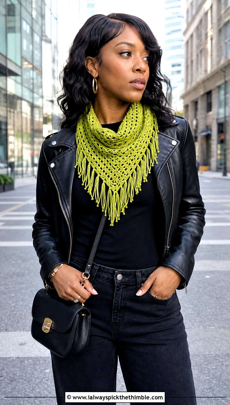 Fringe Crochet Bandana Cowl With Moto Jacket - 20 crochet bandana cowl outfit ideas