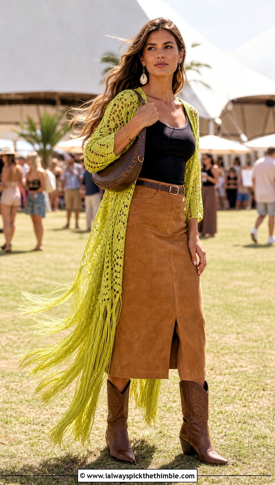 Fringe Crochet Bathrobe With Suede Skirt - 20 crochet bathrobe outfit ideas