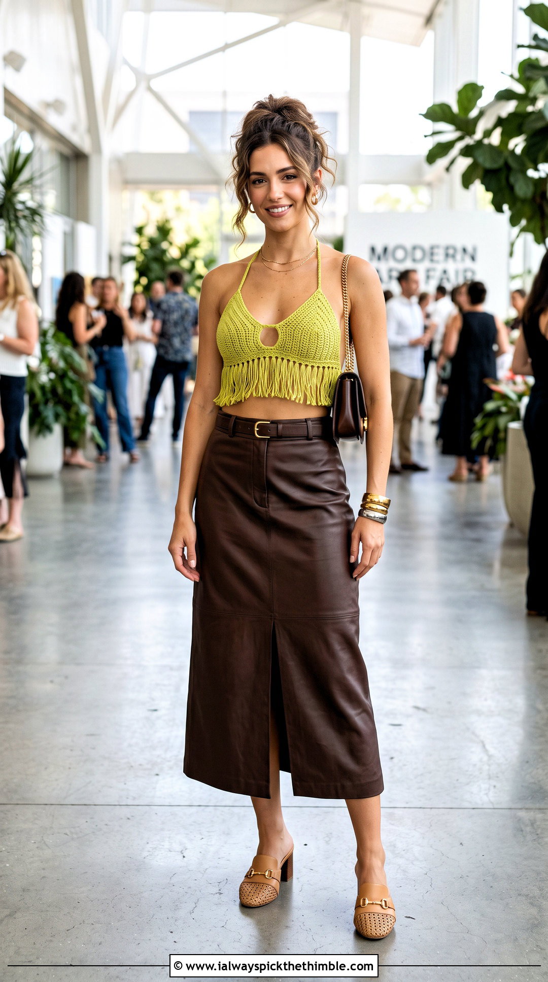 Fringe Crochet Bikini Top With Leather Midi Skirt - 25 boho crochet bikinis top outfit ideas