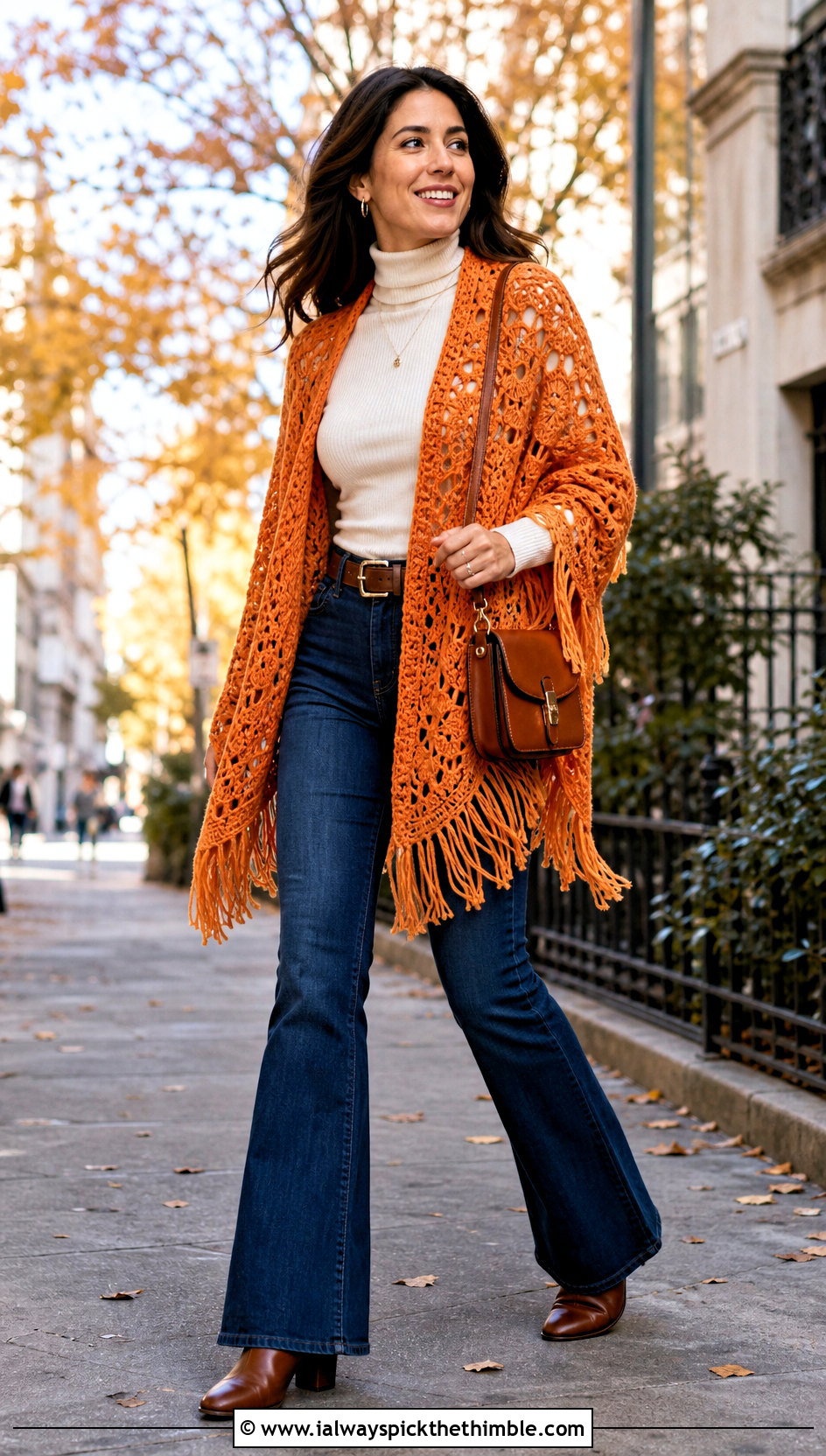 Fringe Crochet Blanket Sweater With Flared Jeans - 20 crochet blanket sweater outfit ideas