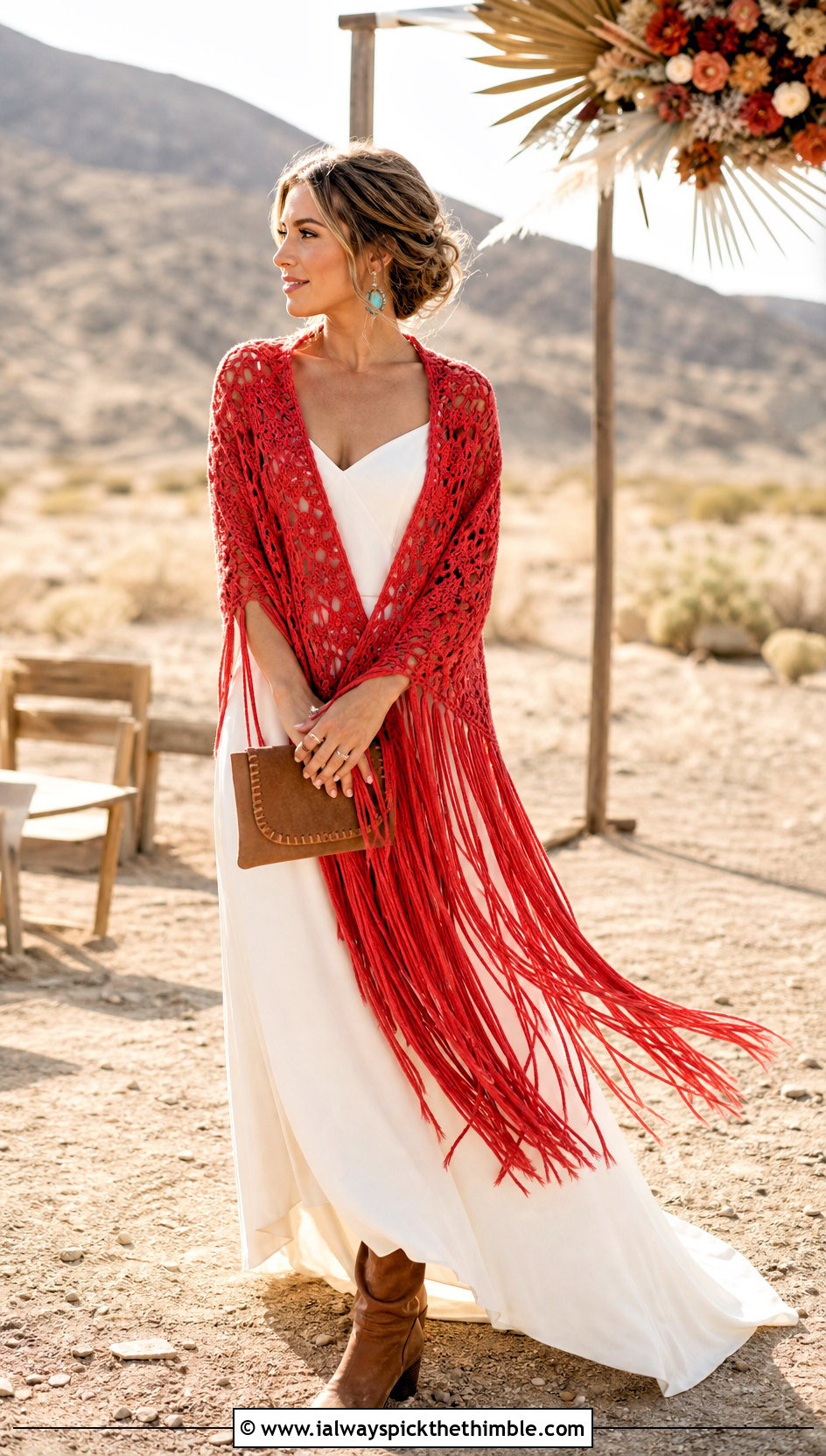 Fringe Crochet Bridal Shawl With Western Wedding Dress - 20 Crochet Bridal Shawl outfit ideas
