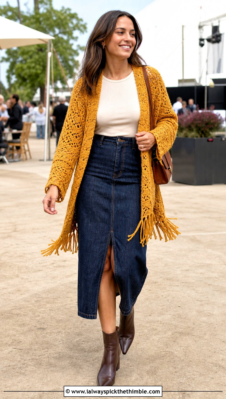 Fringe Crochet Cardigan With Denim Midi Skirt - 20 long crochet sweater outfit ideas