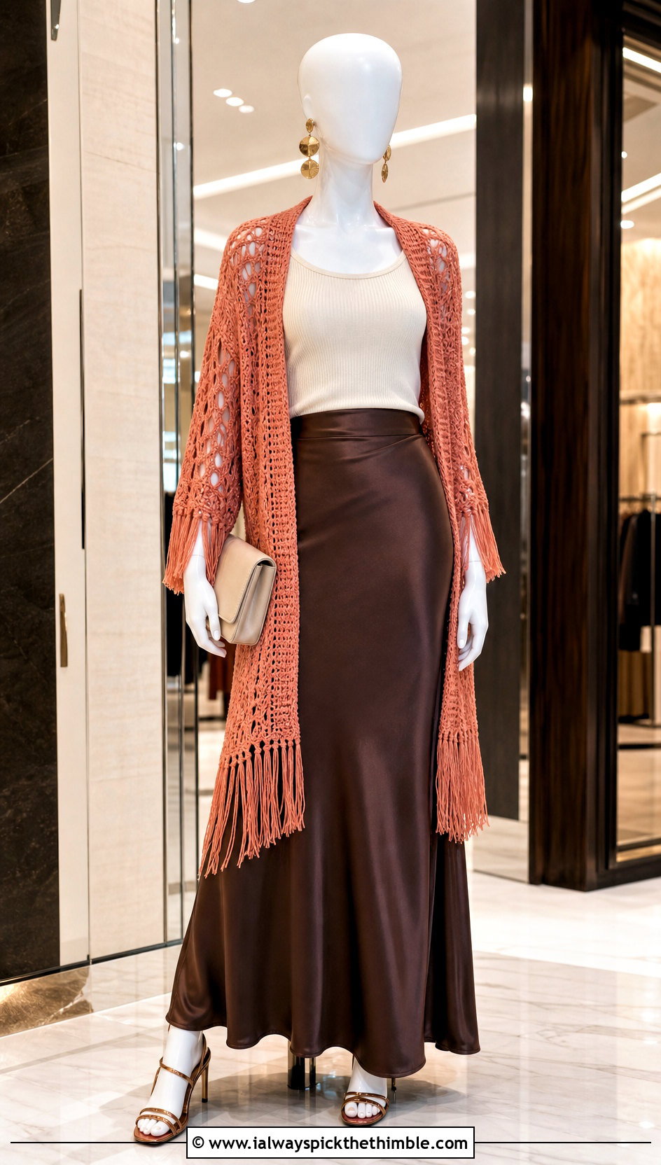 Fringe Crochet Cardigan With Satin Maxi Skirt - 15 Crochet Cardigan On Mannequin outfit ideas