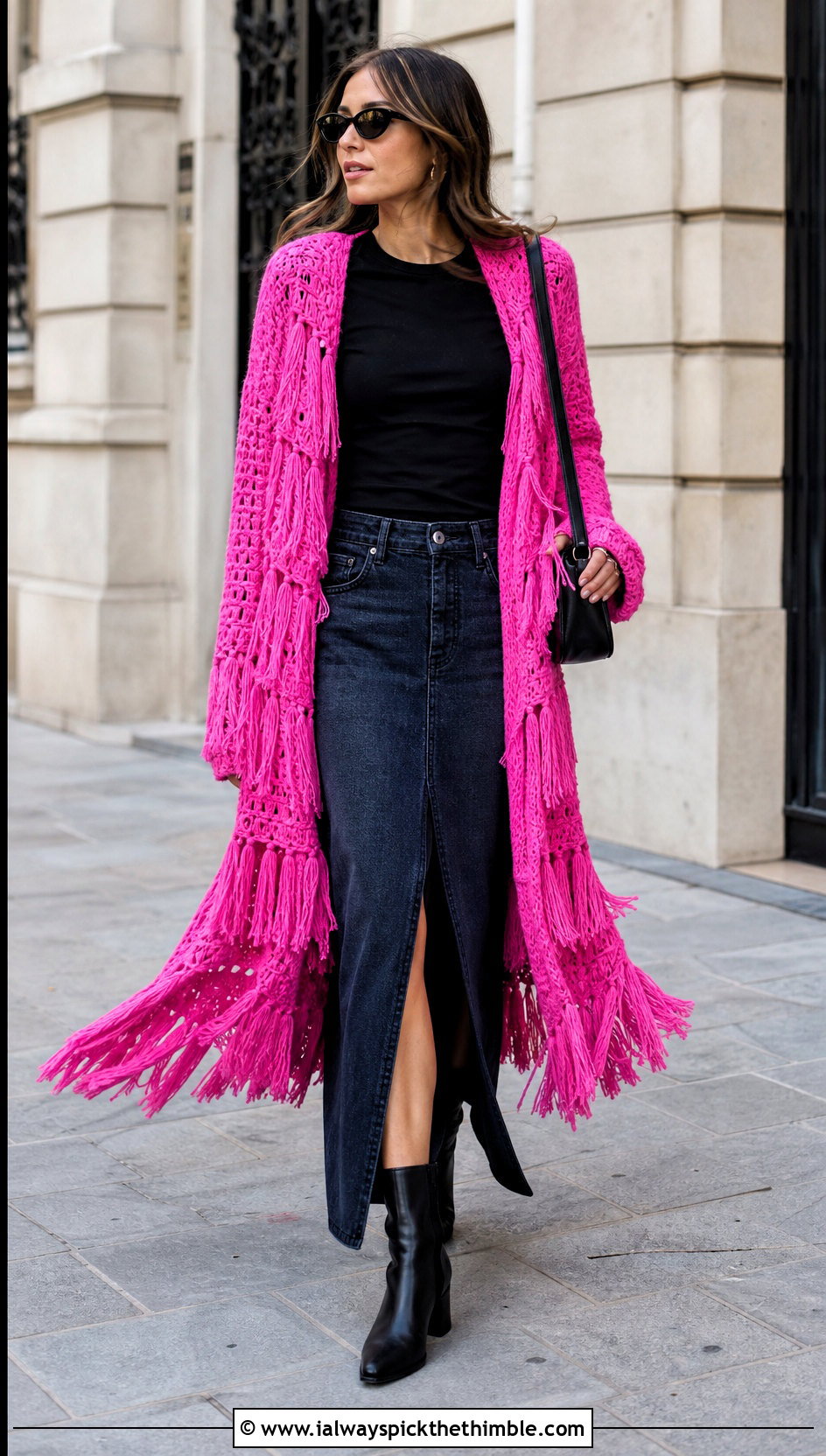 Fringe Crochet Coat With Denim Maxi Skirt - 20 crochet coat ideas