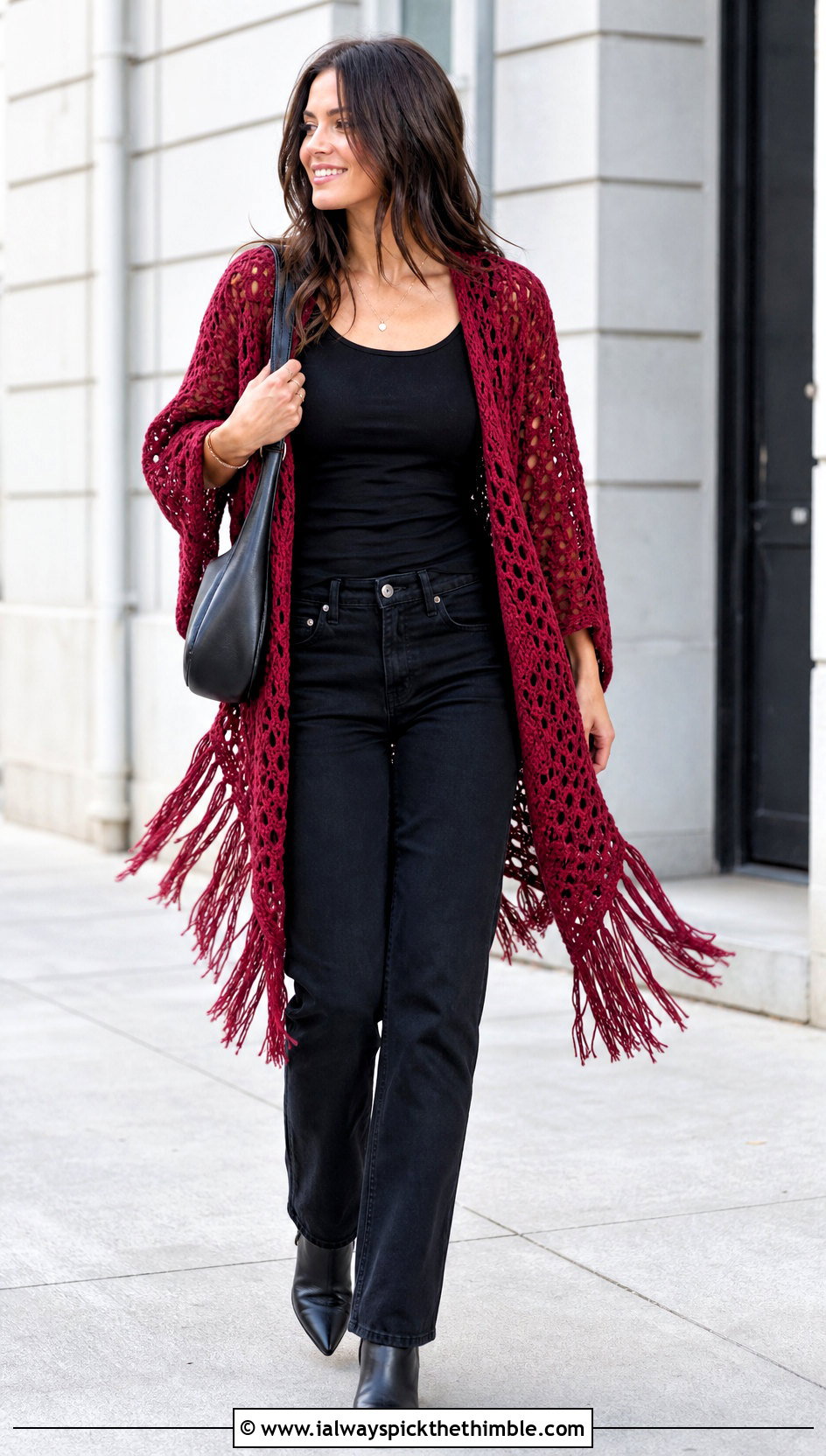 Fringe Crochet Cocoon Shrug With Black Jeans - 20 crochet cocoon shrug outfit ideas