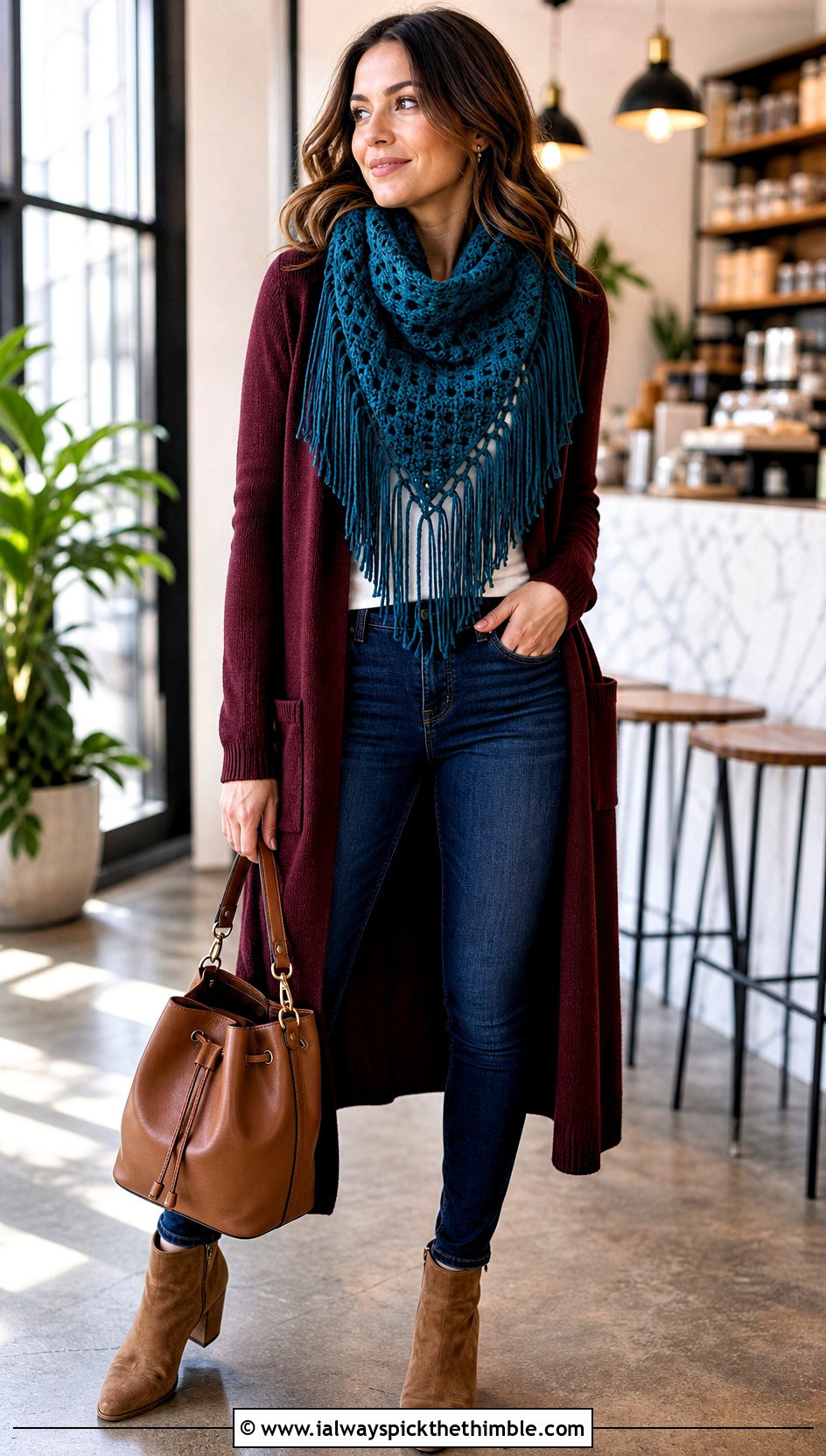 Fringe Crochet Cowl With Long Cardigan - 20 Wool Ease Thick And Quick Crochet Cowl outfit ideas