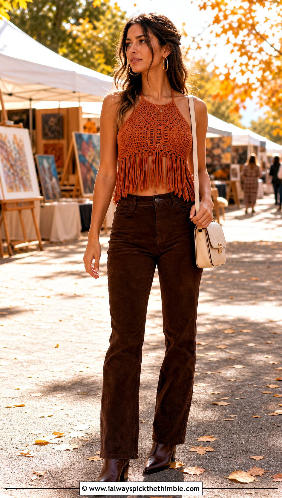 Fringe Crochet Crop Top With Suede Pants - 25 crochet crop top outfit ideas