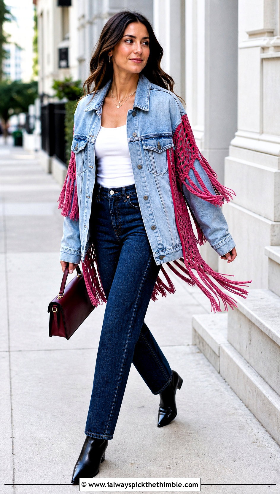 Fringe Crochet Denim Jacket With Straight Leg Jeans - 20 crochet denim jacket outfit ideas
