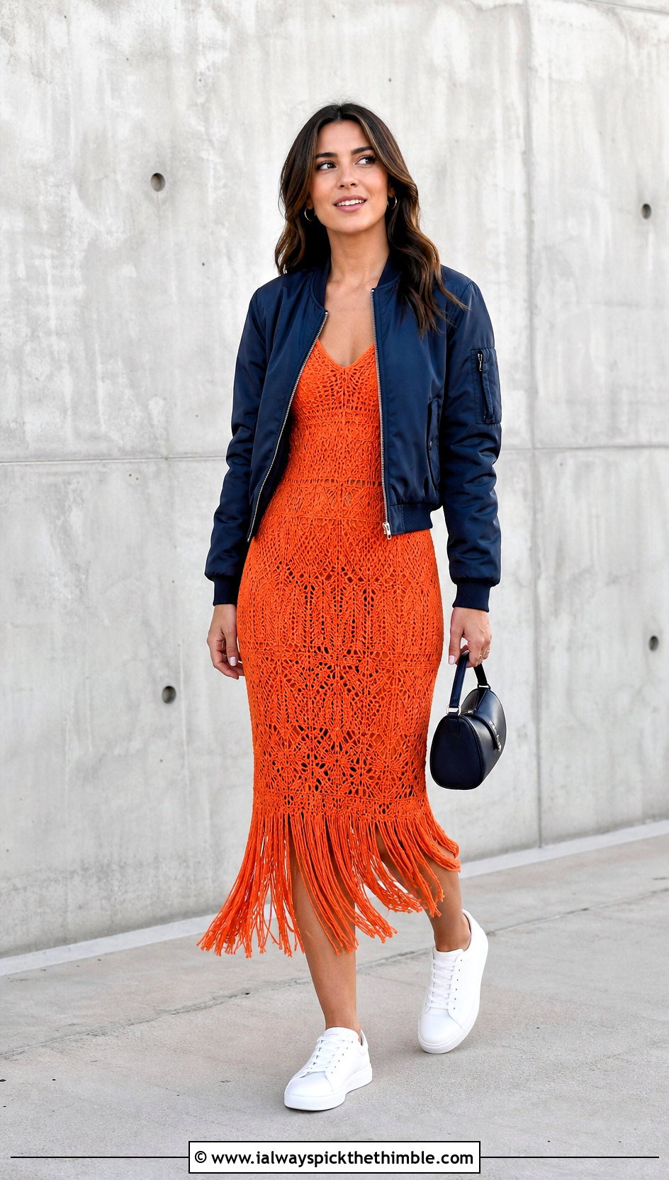 Fringe Crochet Dress With Bomber Jacket - 25 simple crochet dress outfit ideas