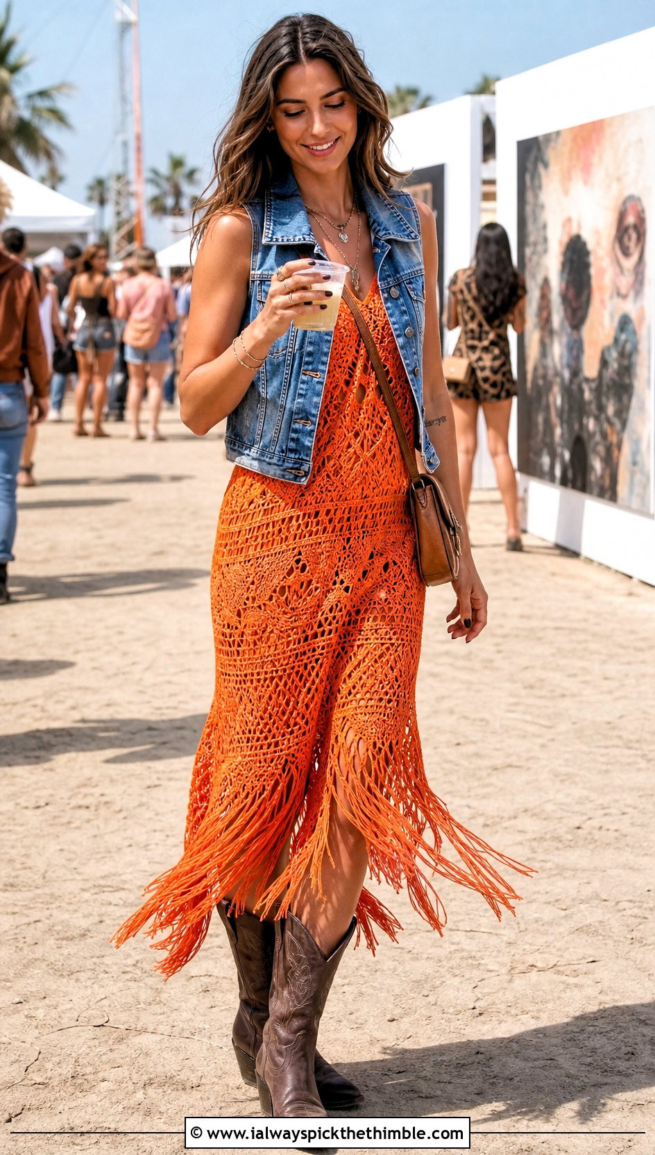 Fringe Crochet Dress With Cowboy Boots - 20 crochet for dresses outfit ideas