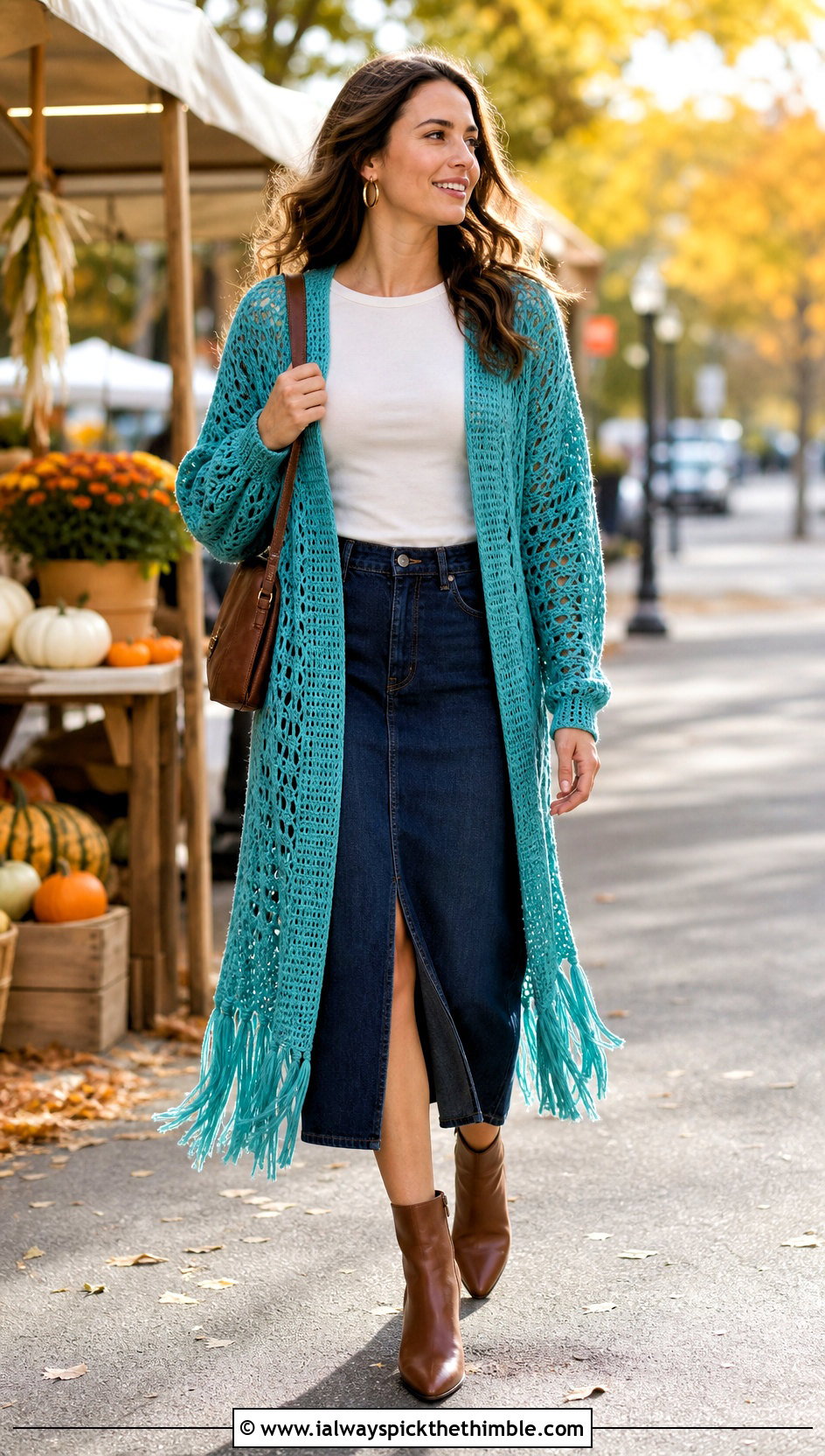 Fringe Crochet Duster Cardigan With Denim Midi Skirt - 25 crochet duster cardigan outfit ideas