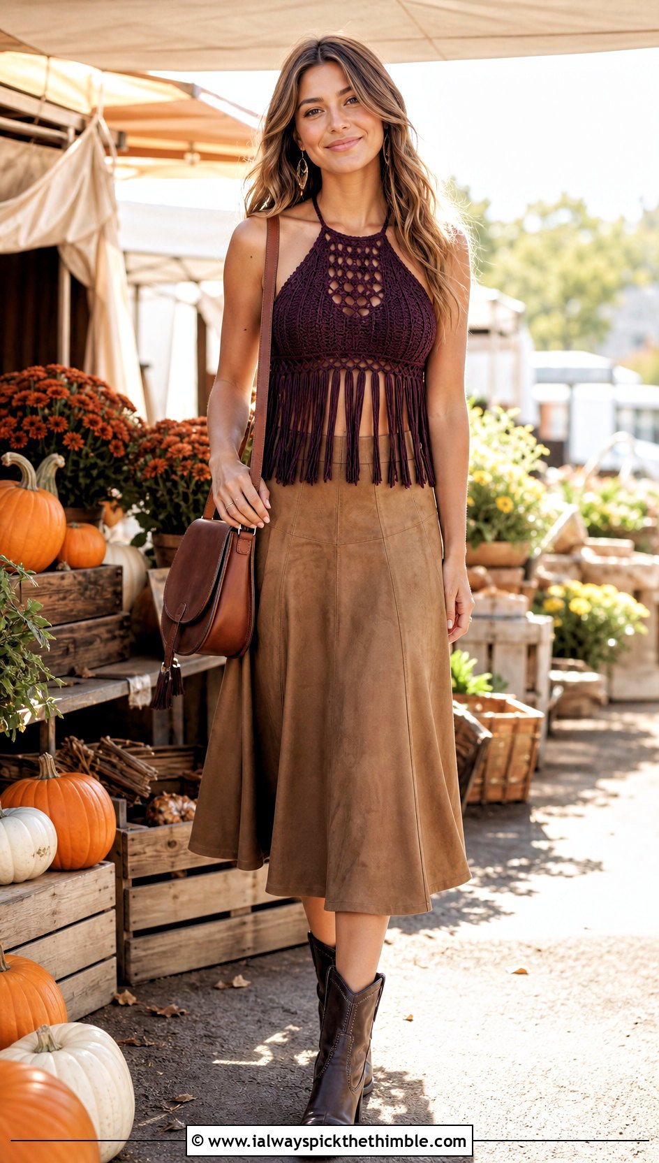 Fringe Crochet Halter Crop Top With Suede Midi Skirt - 20 simple crochet crop top outfit ideas