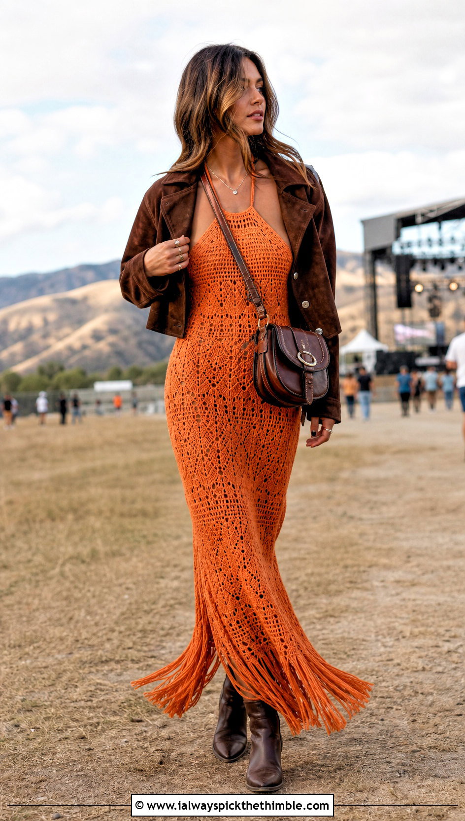 Fringe Crochet Halter Maxi Dress With Suede Jacket - 25 crochet halter dress outfit ideas